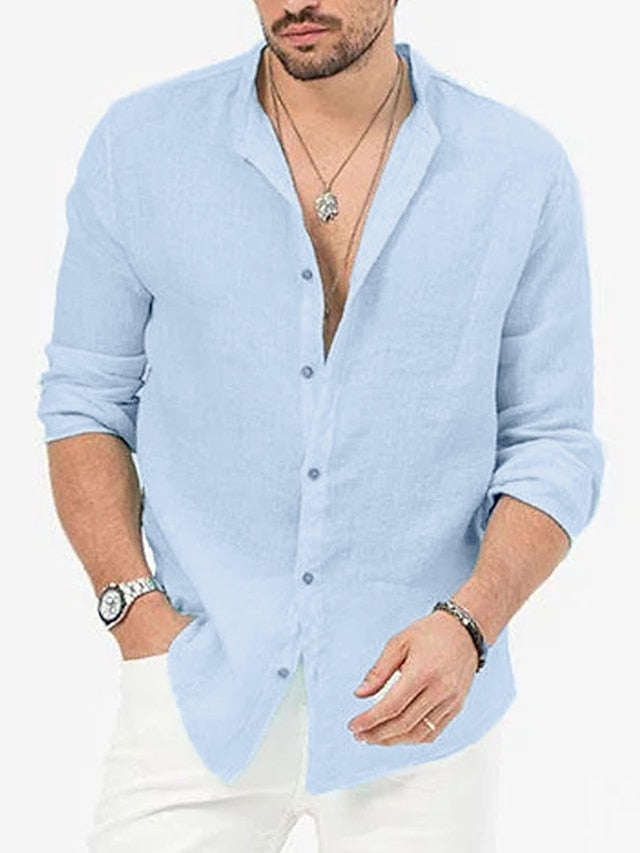 Men's Linen Shirt Button Up Shirt Casual Shirt Summer Shirt Black White Sky Blue Long Sleeve Plain Collar Spring & Summer Casual Daily Clothing Apparel