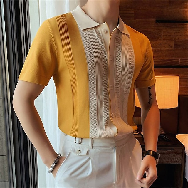 Men's Polo Shirt Knit Polo Sweater Casual Daily Turndown Button Short Sleeve Fashion Chunky Color Block Button Front Summer Spring Fall Regular Fit Black Yellow Polo Shirt