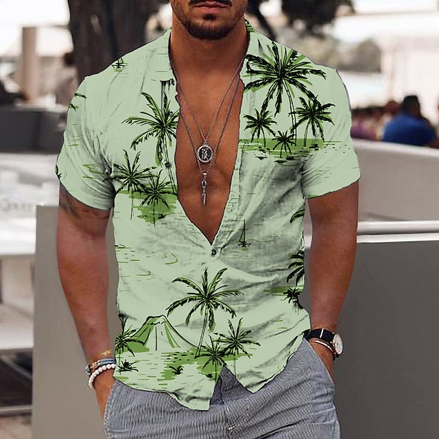 Men's Shirt Summer Hawaiian Shirt Graphic Shirt Aloha Shirt Coconut Tree Turndown Light Yellow Green Blue Purple Yellow Print Outdoor Street Short Sleeve Button-Down Print Clothing Apparel Fashion