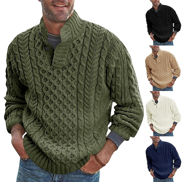Men's Sweater Pullover Sweater Jumper Cable Waffle Knit Knitted Braided Stand Collar Going out Weekend Clothing Apparel Fall Winter Black White M L XL