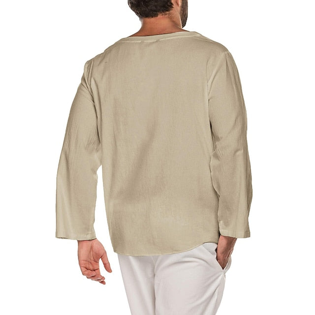 Men's Linen Shirt Summer Shirt Casual Shirt Beach Shirt White Navy Blue Gray Long Sleeve Solid Color V Neck Summer Spring Outdoor Street Clothing Apparel Drawstring