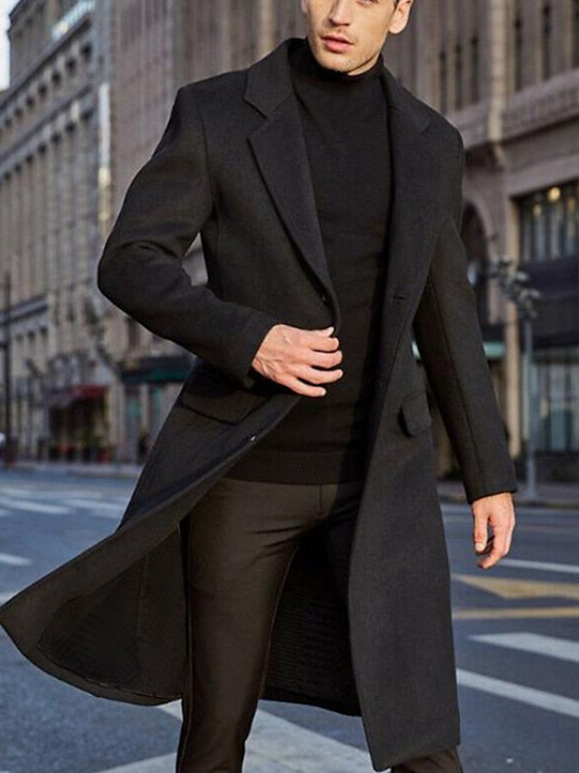 Men's Winter Coat Overcoat Work Business Fall & Winter Solid Colored Notch lapel collar Long Black Khaki Gray Jacket