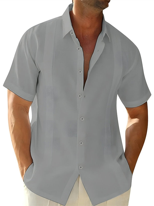 Men's Guayabera Shirt Linen Shirt Summer Shirt Beach Shirt Black White Blue Short Sleeve Plain Turndown Spring & Summer Street Daily Clothing Apparel Button-Down