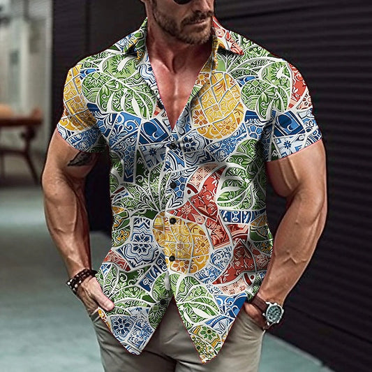 Men's Shirt Graphic Prints Leaves Turndown Blue Green Outdoor Street Short Sleeves Print Clothing Apparel Fashion Streetwear Designer Casual