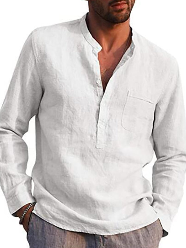 Men's Linen Shirt Summer Shirt Beach Shirt Black White Wine Long Sleeve Solid Color Henley Spring &  Fall Daily Hawaiian Clothing Apparel collared shirts