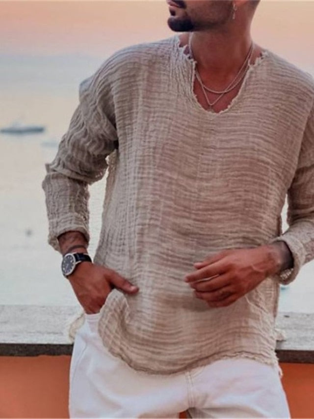 Men's Linen Shirt Summer Shirt Casual Shirt Beach Shirt Wine Light Grey Gray Long Sleeve Solid Color V Neck Spring &  Fall Outdoor Street Clothing Apparel