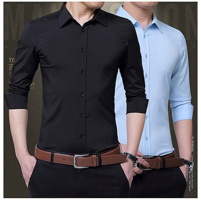 Men's Button Up Shirt Dress Shirt Wine Sea Blue Black Long Sleeve Solid / Plain Color Turndown Summer Spring Wedding Formal Evening Clothing Apparel Buckle