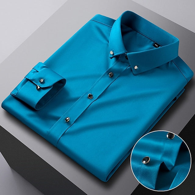 Men's Dress Shirt Button Down Shirt Silk Shirt Azure Lake blue Wine Long Sleeve Solid / Plain Color Turndown Spring &  Fall Wedding Daily Wear Clothing Apparel Sexy