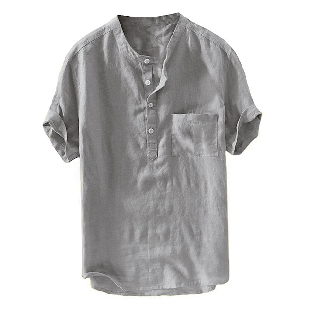 Men's Linen Shirt Summer Shirt Beach Shirt Black White Navy Blue Short Sleeve Solid Color Stand Collar Spring, Fall, Winter, Summer Outdoor Casual Clothing Apparel Button-Down