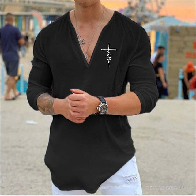 Men's Linen Shirt Shirt Summer Shirt Beach Shirt Black White Blue Long Sleeve Solid Color V Neck Spring & Summer Street Casual Clothing Apparel