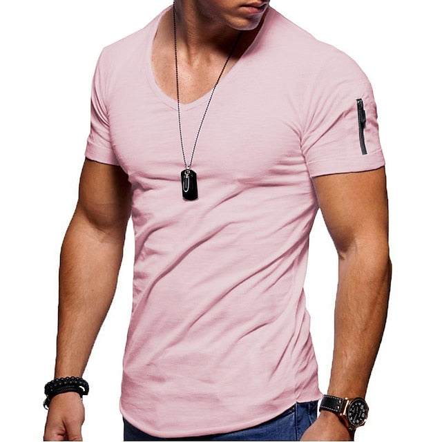 Men's T shirt Tee Tee Plain V Neck Normal Short Sleeve Zipper Clothing Apparel Muscle Esencial