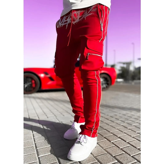 Men's Cargo Pants Cargo Trousers Trousers Elastic Waist Multi Pocket Reflective Strip Letter Reflective Breathable Full Length Daily Streetwear Casual Hip Hop Black Red Micro-elastic