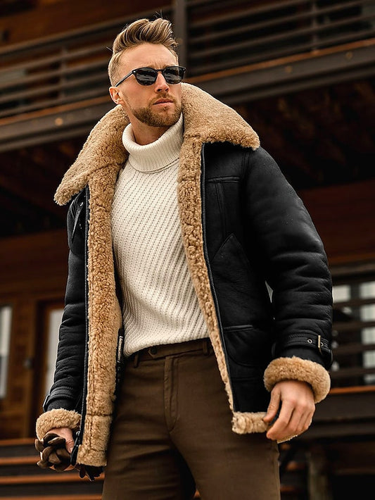 Men's Shearling Coat Winter Jacket Winter Coat Sherpa jacket Business Causal Windproof Warm Winter Wine Red Black Brown Coffee Jacket