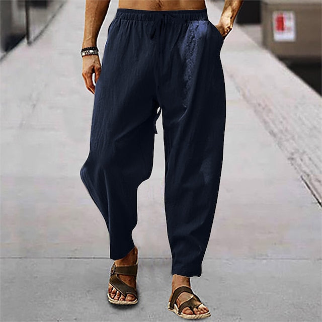 Men's Linen Pants Trousers Summer Pants Pocket Plain Comfort Breathable Outdoor Daily Going out Linen / Cotton Blend Fashion Casual Black White