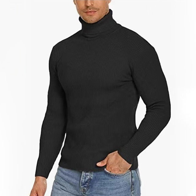 Men's Sweater Pullover Ribbed Knit Cropped Knitted Plain Turtleneck Fashion Streetwear Outdoor Going out Clothing Apparel Fall & Winter Wine Black M L XL