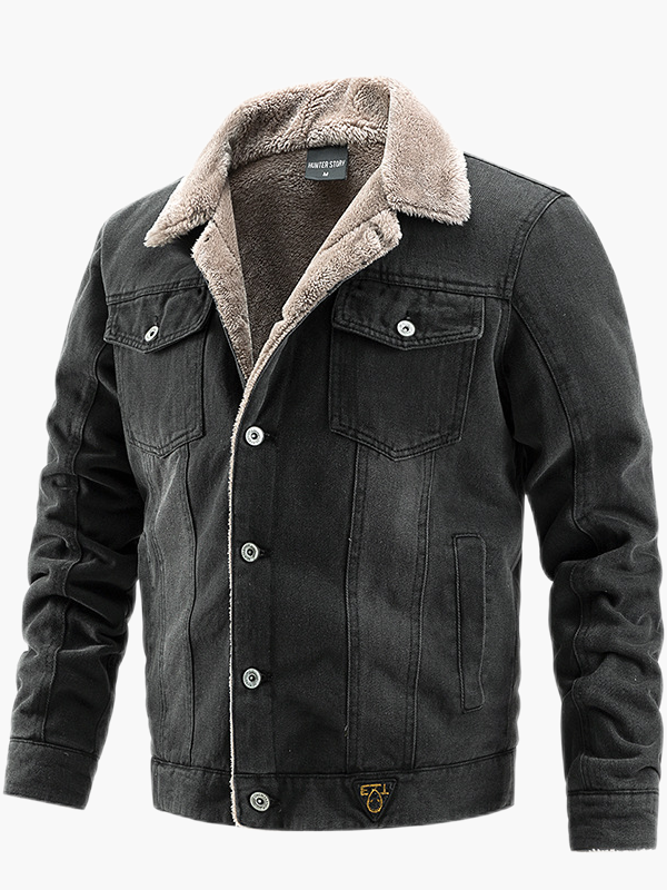 Foruwish - Winter Warm Denim Jacket Sherpa Lined Turn Down Collar Plus Fleece for Modern Cowboy