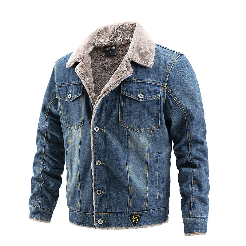 Foruwish - Winter Warm Denim Jacket Sherpa Lined Turn Down Collar Plus Fleece for Modern Cowboy