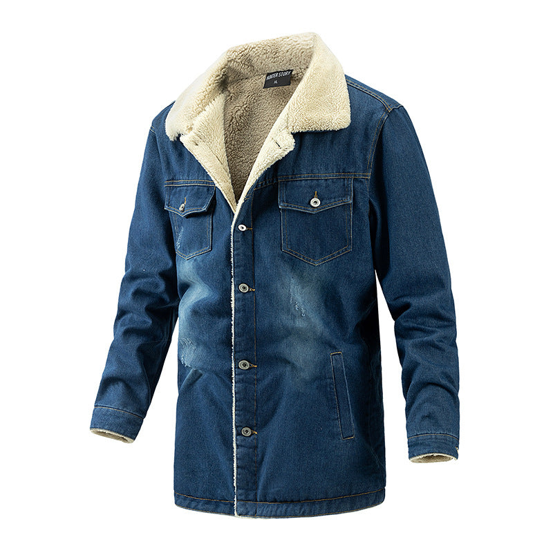 Foruwish - Denim Thick Fleece Jacket Sherpa Lined Turn Down Collar Coat for Cowboy