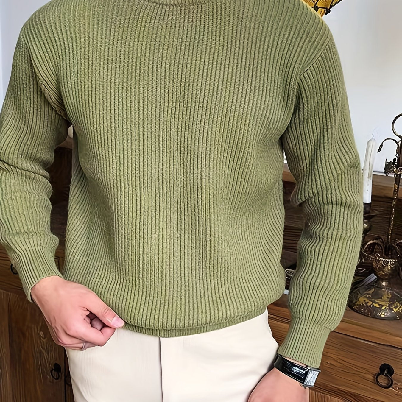 Foruwish - Warm Texture Knitted Sweater, Men's Casual Solid Color Slightly Stretch Round Neck Pullover Sweater For Fall Winter