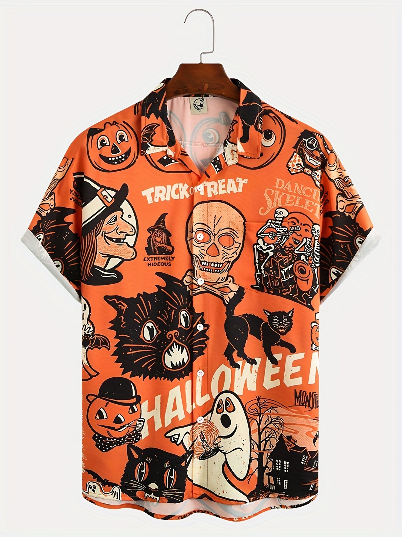 Men's Halloween Print Short Sleeve Lapel Shirt Vintage Bowling Shirt