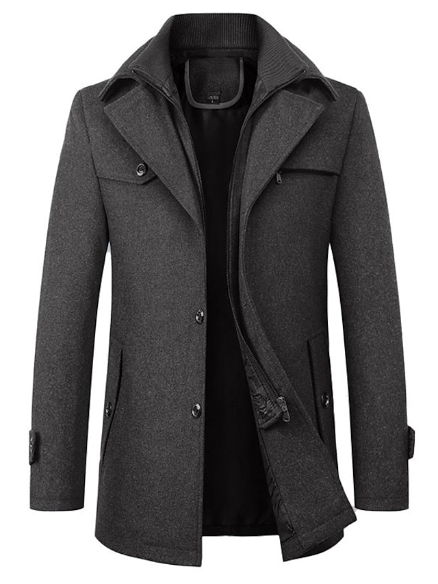 Men's Winter Coat Wool Coat Overcoat Business Camping & Hiking Winter Wool Windproof Warm Outerwear Clothing Apparel Basic Essential Solid Colored Turndown