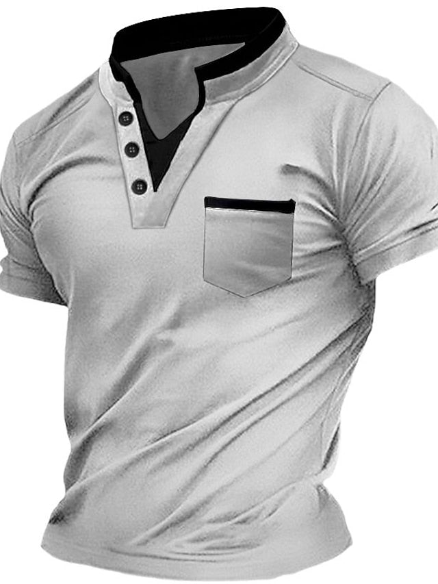 Men's Henley Shirt Tee Top Plain V Neck Street Vacation Short Sleeves Front Pocket Clothing Apparel Fashion Designer Basic