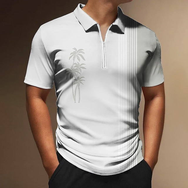 Men's Zip Polo Polo Shirt Golf Shirt Coconut Tree Striped Graphic Prints Geometry Turndown Black White Yellow Army Green Red Outdoor Street Short Sleeves Zipper Print Clothing Apparel Fashion