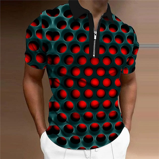 Men's Polo Shirt Golf Shirt Optical Illusion Turndown Red Blue Purple Orange Green 3D Print Outdoor Street Short Sleeves Zipper Print Clothing Apparel Fashion Designer Casual Breathable