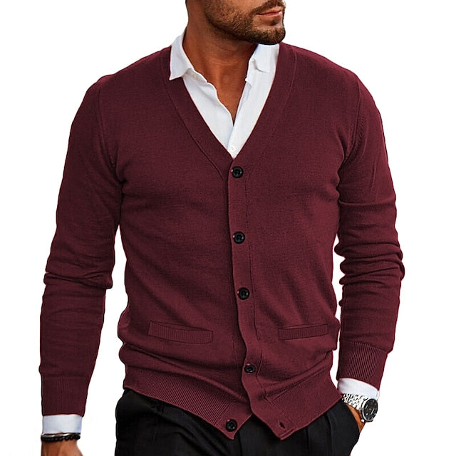 Men's Sweater Cardigan Sweater Ribbed Knit Cropped Knitted V Neck Clothing Apparel Fall Winter Black Wine S M L