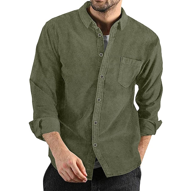 Men's Corduroy Shirt Overshirt Black Army Green Navy Blue Long Sleeve Solid Color Turndown Spring &  Fall Street Daily Clothing Apparel Button-Down