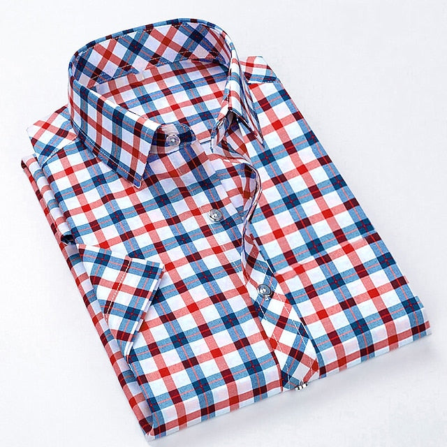 Men's Button Up Shirt Dress Shirt Plaid Shirt Collared Shirt Sea Blue Red Navy Blue Short Sleeve Plaid / Check Turndown Summer Spring Wedding Casual Clothing Apparel