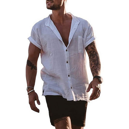 Men's Linen Shirt Summer Shirt Beach Shirt Black White Gray Short Sleeve Solid Color Collar Street Daily Clothing Apparel