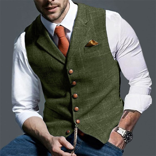 Foruwish - Men's Vest Waistcoat Daily Wear Vacation Fashion Vintage Spring &  Fall Button Polyester Comfortable Plain Single Breasted V Neck Regular Fit Deep Green Gray Green Navy Leaf Dark Gray Light Grey Vest