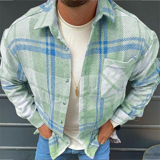 Men's Shirt Flannel Shirt Shirt Jacket Shacket Dark Gray+Red Purple Green Long Sleeve Plaid / Check Turndown Spring &  Fall Street Daily Clothing Apparel Button-Down