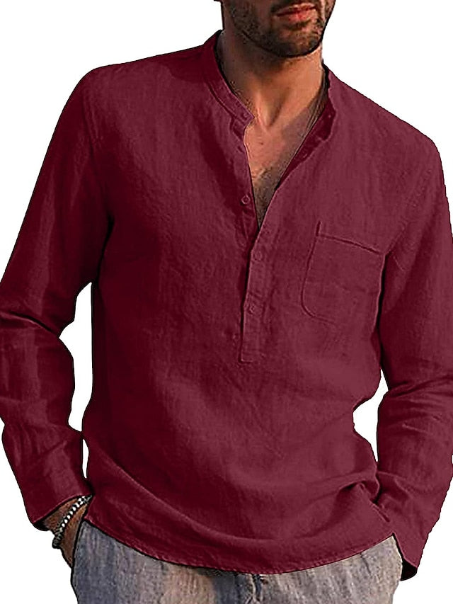 Men's Shirt Linen Shirt Summer Shirt Beach Shirt Light Blue Wine Red Black Long Sleeve Solid Color Collar Summer Spring Street Sports Clothing Apparel