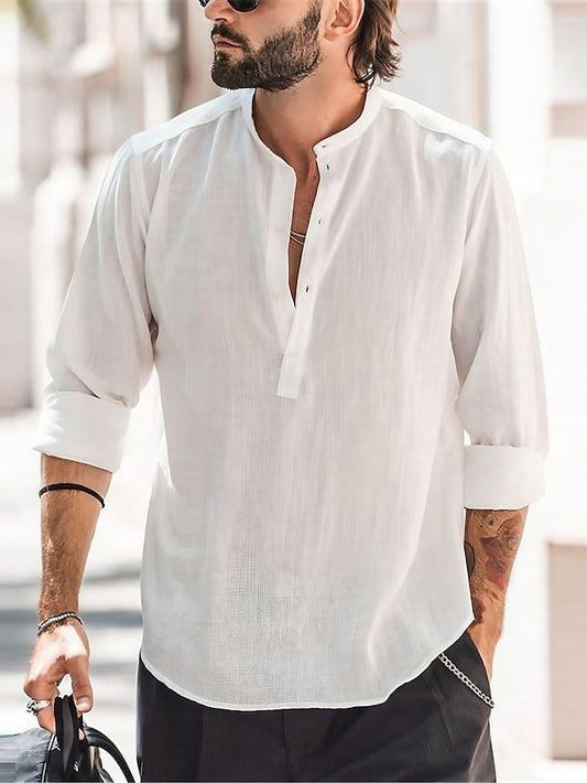 Men's Linen Shirt Shirt Summer Shirt Beach Shirt White Pink Light Sky Blue Long Sleeve Plain Crew Neck Summer Spring Outdoor Street Clothing Apparel Button-Down