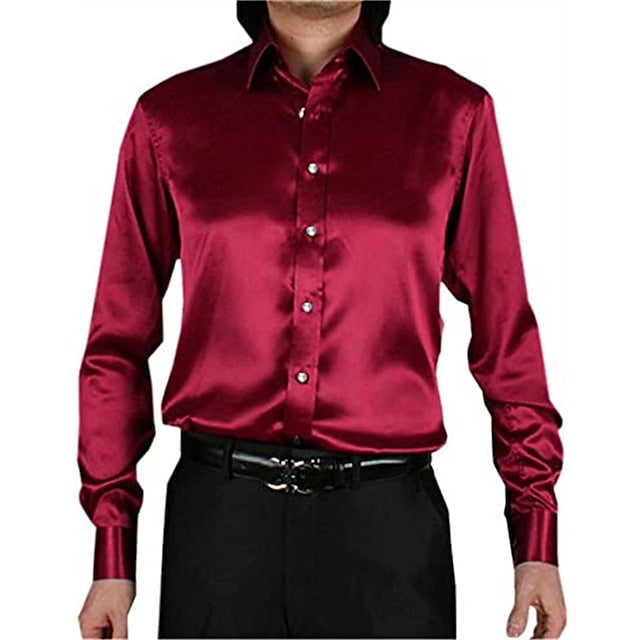 Men's Button Up Shirt Dress Shirt Collared Shirt Prom Shirt Satin Silk Shirt Black White Red Long Sleeve Plain Turndown Spring, Fall, Winter, Summer Wedding Party Clothing Apparel Button-Down