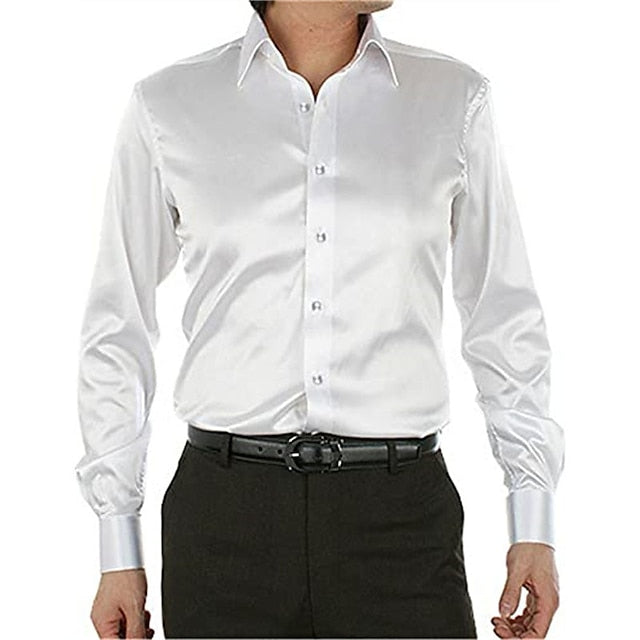 Men's Button Up Shirt Dress Shirt Collared Shirt Prom Shirt Satin Silk Shirt Black White Red Long Sleeve Plain Turndown Spring, Fall, Winter, Summer Wedding Party Clothing Apparel Button-Down