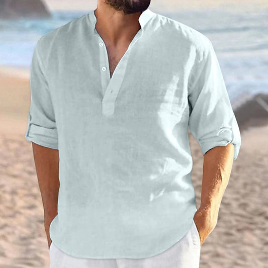 Men's Linen Shirt Shirt Summer Shirt Beach Shirt Black White Navy Blue Long Sleeve Plain V Neck All Seasons Daily Hawaiian Clothing Apparel