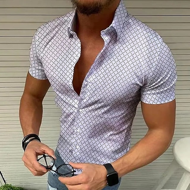 Men's Shirt Short Sleeve Print Design Casual Print White Black Red Lattice Turndown Tops Beach / Summer / Summer