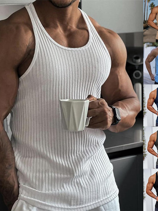 Men's Tank Top Vest Top Undershirt Sleeveless Shirt Wife beater Shirt Striped U Neck Sport Indoor Sleeveless Clothing Apparel Fashion Streetwear