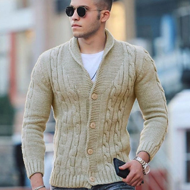 Foruwish - Men's Sweater Cardigan Sweater Cable Knit Cropped Knitted Stand Collar Clothing Apparel Winter Fall Red Brown Black S M L