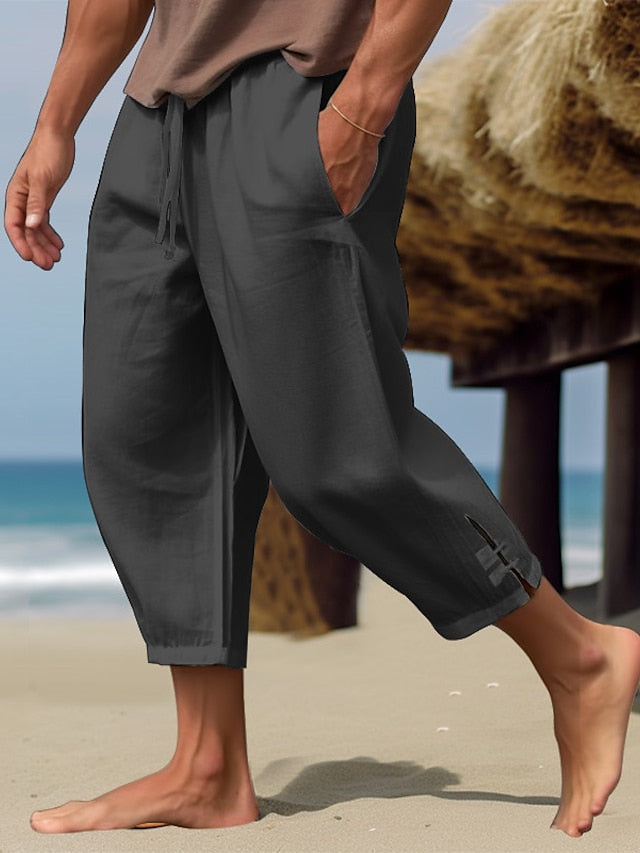 Men's Linen Pants Summer Pants Beach Pants Capri Pants Drawstring Elastic Waist Plain Comfort Breathable Calf-Length Casual Daily Holiday Linen / Cotton Blend Fashion Classic Style Black White