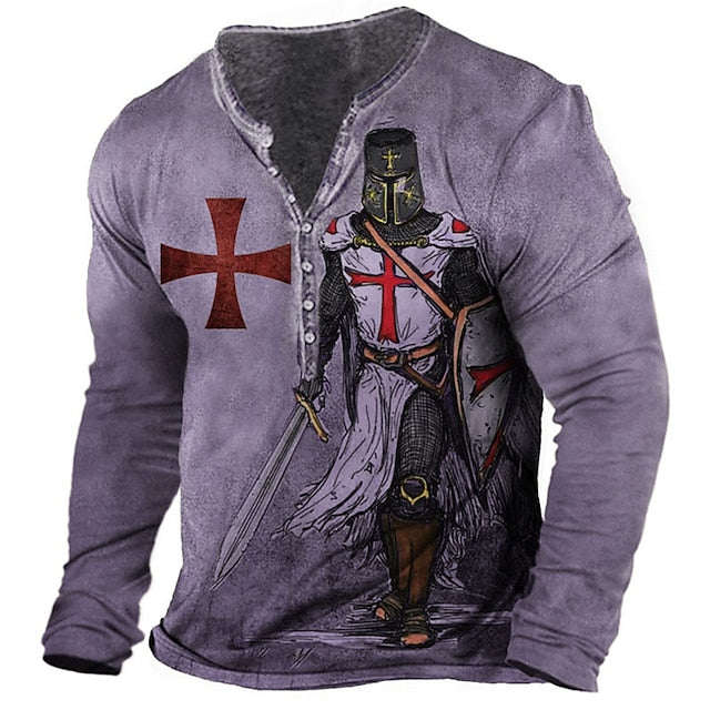 Men's T shirt Tee Henley Shirt Tee Vintage Shirt Graphic Templar Cross Soldier Spring &  Fall Outdoor Daily Sports Designer Basic Classic Henley Long Sleeve Clothing Apparel 3D Print Red Purple Brown