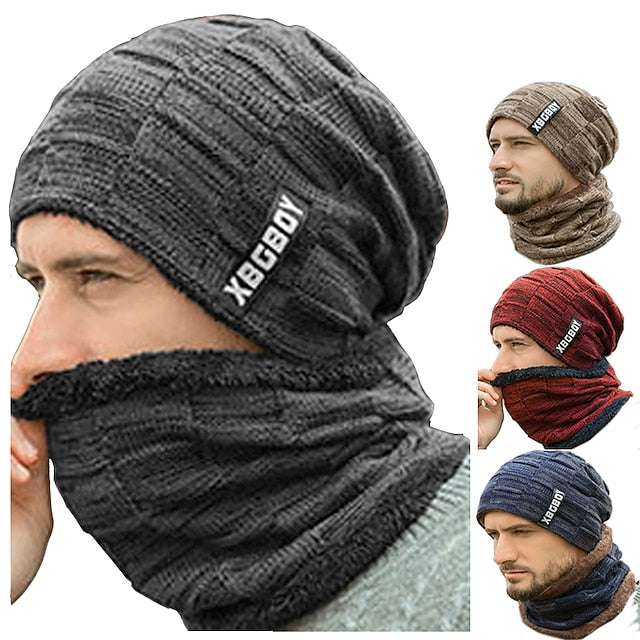 Men's Beanie Hat and Scarf Set Black Wine Knitted Solid / Plain Color Casual / Daily