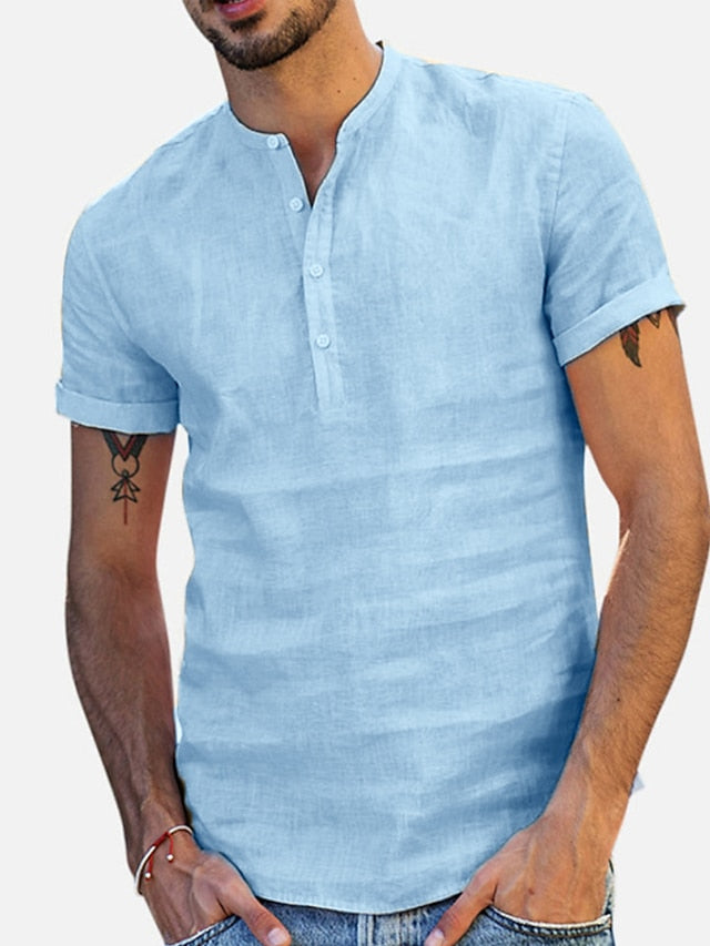 Men's Shirt Linen Shirt Summer Shirt Beach Shirt White Blue Short Sleeve Solid Color Standing Collar Spring & Summer Casual Daily Clothing Apparel Button-Down