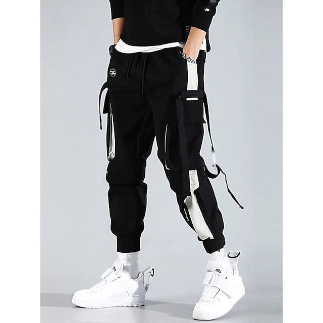 men's cargo pants joggers sweatpants Streetwear Embroidery Trousers Color Block Cotton jogging pants With Multi-pockets ribbon hiphop punk sport harem pants spring Fall