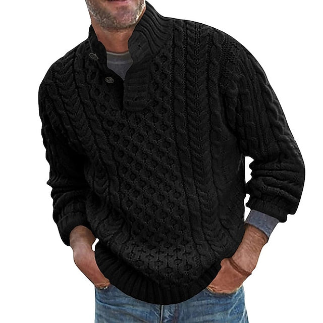 Men's Sweater Pullover Sweater Jumper Cable Waffle Knit Knitted Braided Stand Collar Going out Weekend Clothing Apparel Fall Winter Black White M L XL