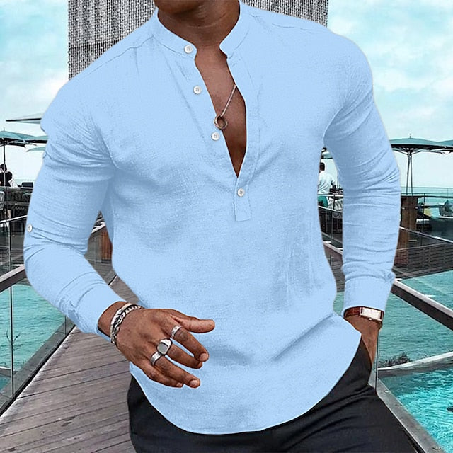 Men's Shirt Linen Shirt Popover Shirt Casual Shirt Summer Shirt Beach Shirt Black White Pink Long Sleeve Plain Henley Spring & Summer Casual Daily Clothing Apparel