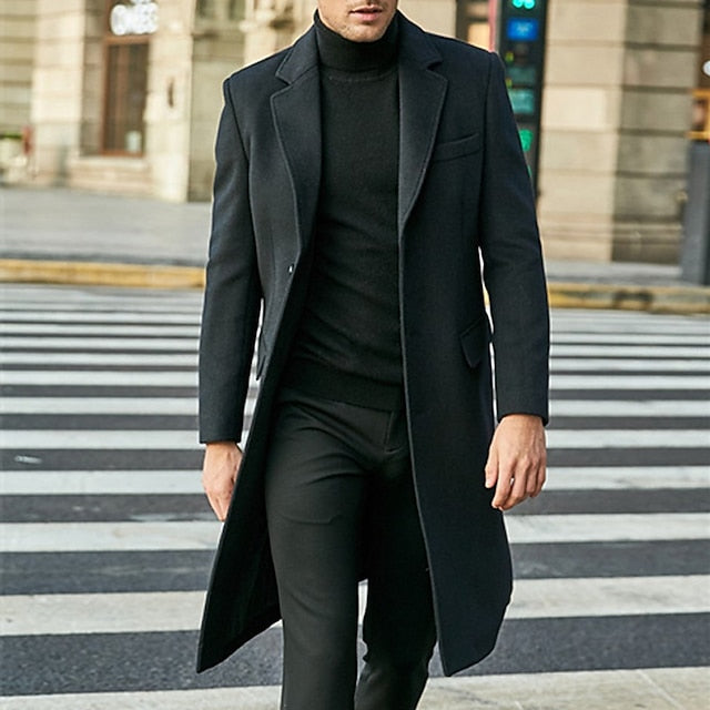 Men's Winter Coat Overcoat Office / Career Business Winter Fall Polyester Windproof Warm Outerwear Clothing Apparel Chic & Modern Glamorous & Dramatic non-printing Pure Color Pocket Turndown Single